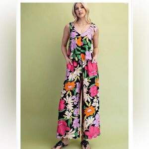 Floral Print Set Illusion Jumpsuit with Shoulder Tie Detail and Scalloped Hems